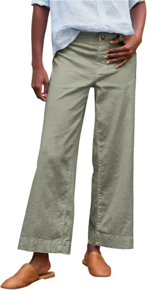 Womens Wide Leg Linen Pants Elastic High Waist Cropped Pants Summer Business Casual Work Pants with Pockets