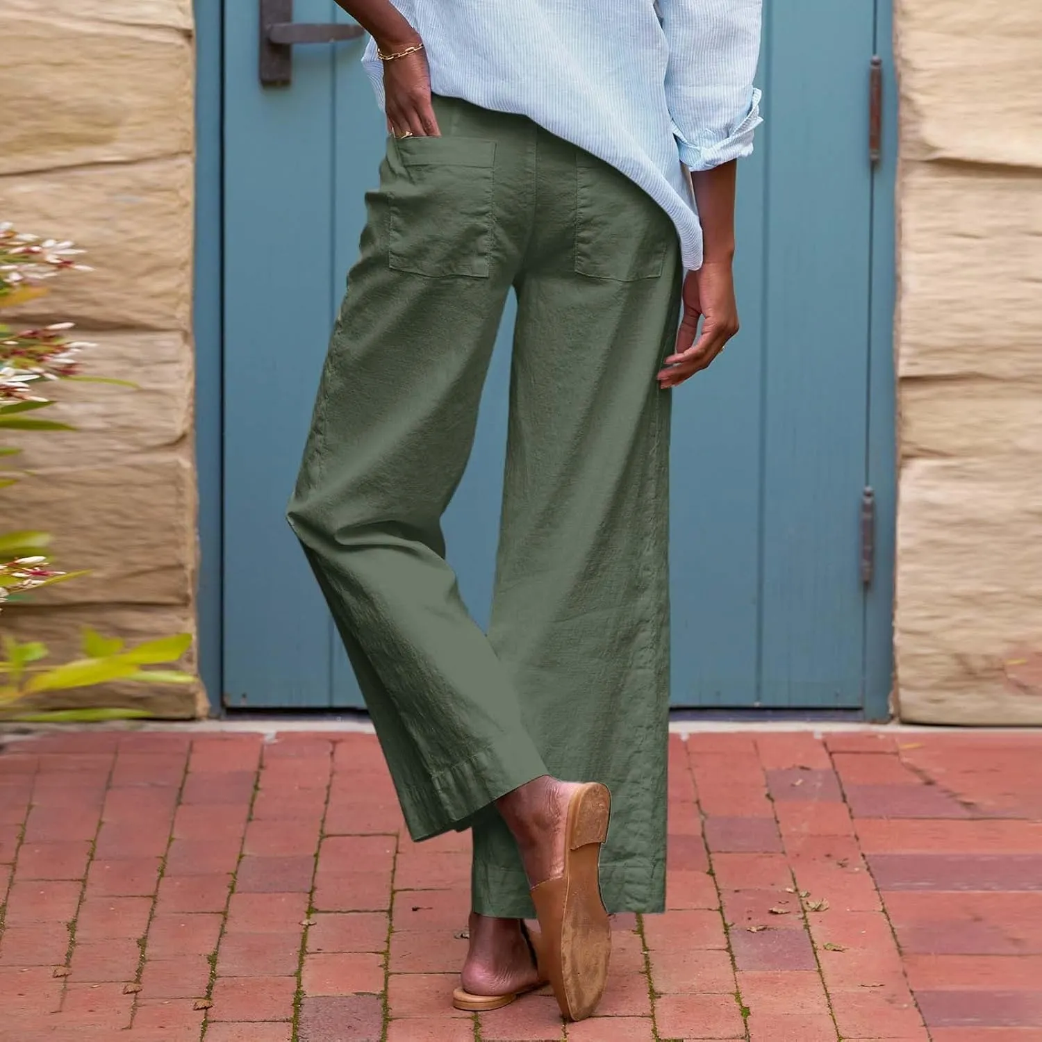 Womens Wide Leg Linen Pants Elastic High Waist Cropped Pants Summer Business Casual Work Pants with Pockets