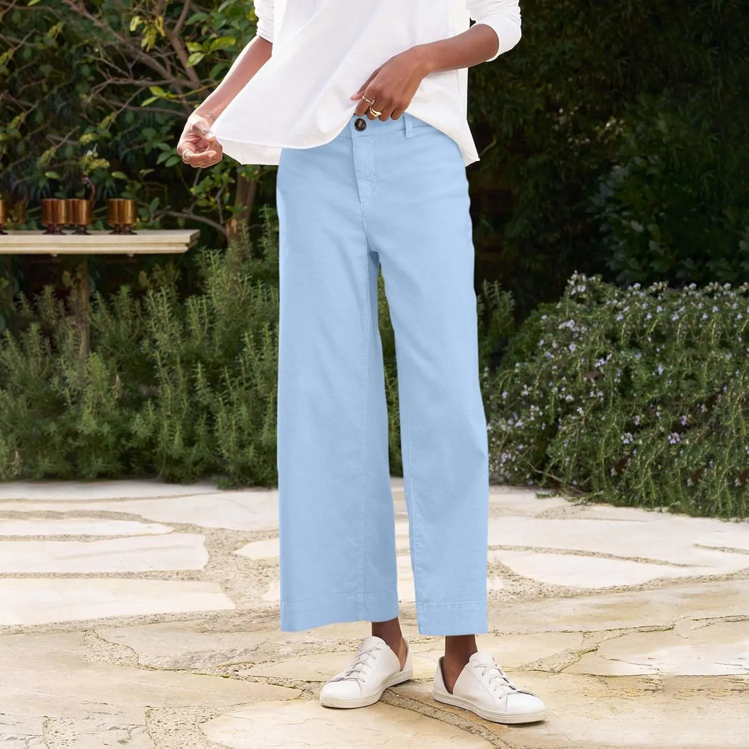 Womens Wide Leg Linen Pants Elastic High Waist Cropped Pants Summer Business Casual Work Pants with Pockets