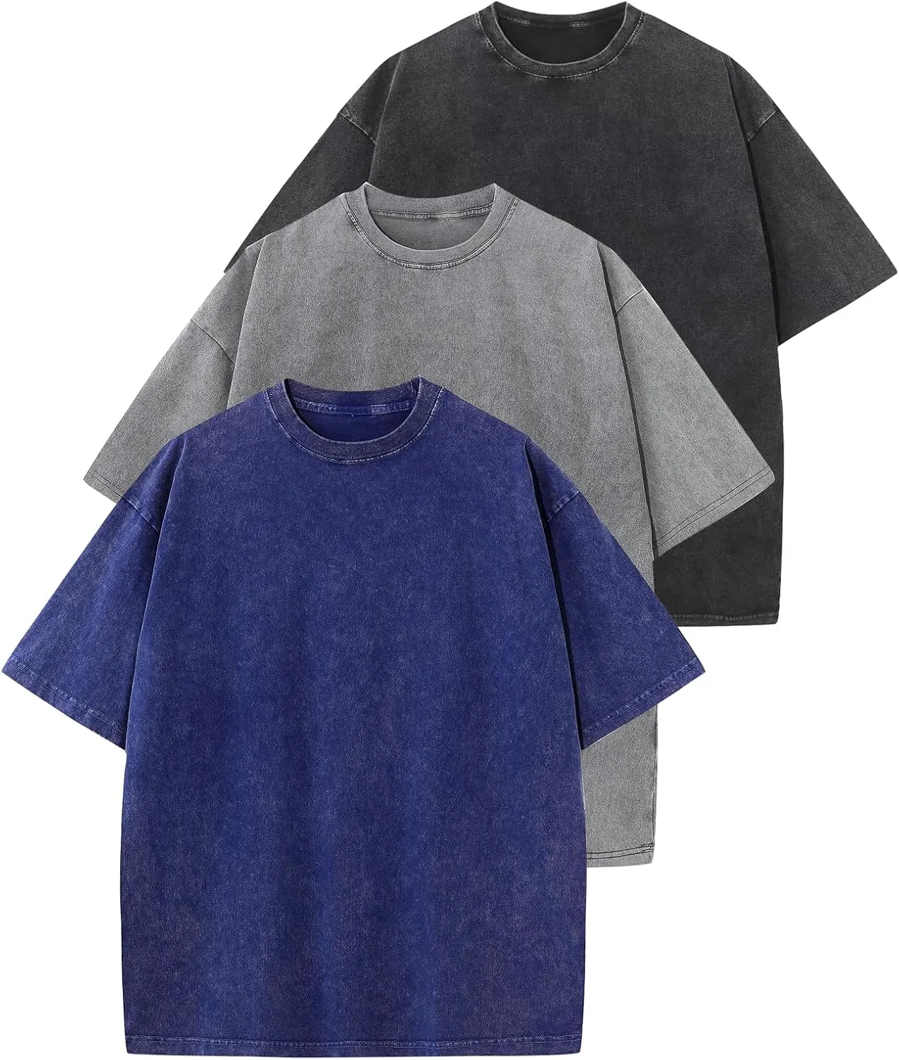 Wyeysyt 3 Pack Men's Oversized T Shirts Vintage Baggy Tee Cotton Loose Short Sleeves Casual Acid Wash Shirts Unisex Tops