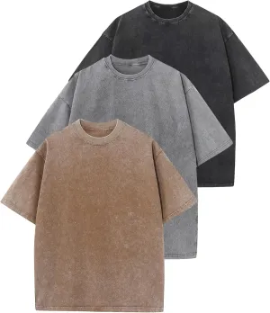 Wyeysyt 3 Pack Men's Oversized T Shirts Vintage Baggy Tee Cotton Loose Short Sleeves Casual Acid Wash Shirts Unisex Tops