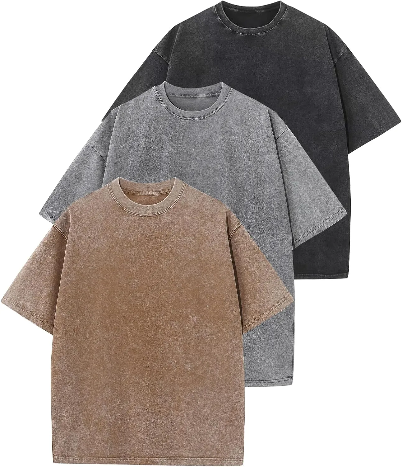Wyeysyt 3 Pack Men's Oversized T Shirts Vintage Baggy Tee Cotton Loose Short Sleeves Casual Acid Wash Shirts Unisex Tops