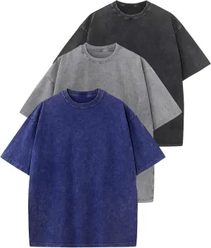 Wyeysyt 3 Pack Men's Oversized T Shirts Vintage Baggy Tee Cotton Loose Short Sleeves Casual Acid Wash Shirts Unisex Tops