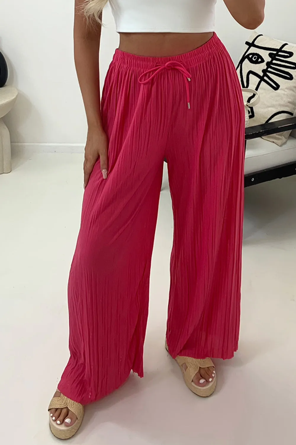 Zoelle Hot Pink Pleated Plisse High Waisted Wide Leg Trousers