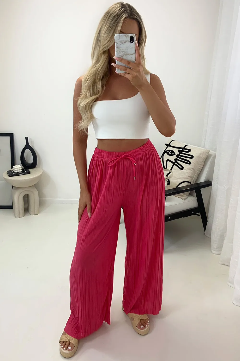 Zoelle Hot Pink Pleated Plisse High Waisted Wide Leg Trousers